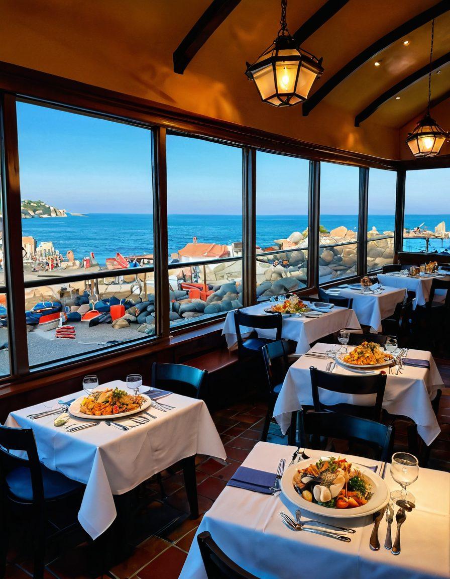 A charming coastal restaurant scene in Bagnidelfino, featuring families enjoying freshly prepared gourmet seafood dishes at colorful tables, with an inviting ocean backdrop. The interior showcases nautical decor and warm lighting, complemented by a chef expertly plating a stunning seafood dish. Vibrant colors and a lively atmosphere create a sense of community and fine dining allure. super-realistic. vibrant colors. inviting atmosphere.