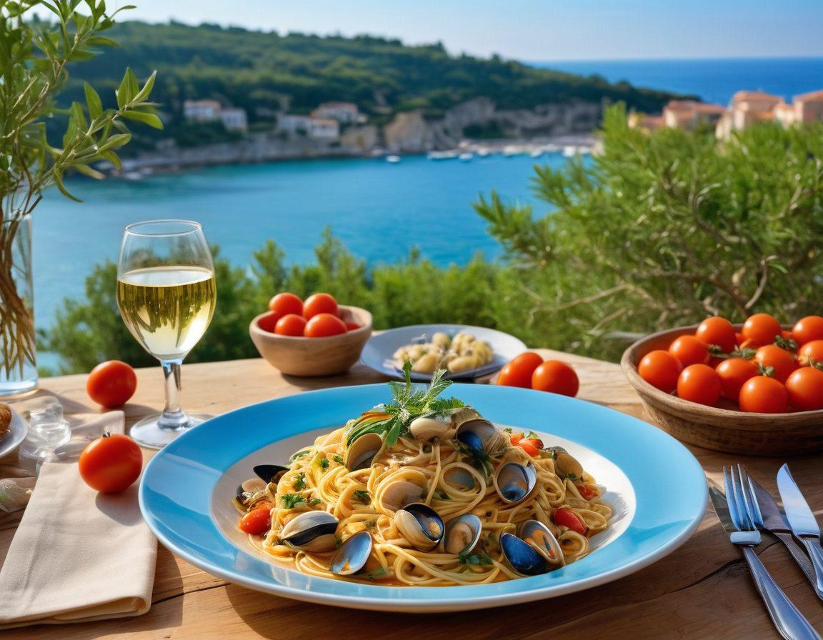 A beautifully arranged table set with traditional Italian dishes, showcasing coastal seafood like spaghetti alle vongole, along with exquisite chef's specialties like truffle risotto. Soft warm lighting accentuates the rustic wooden table, surrounded by olive branches and ripe tomatoes, evoking an inviting atmosphere. The background features a picturesque Italian coastal village with azure waters. super-realistic. vibrant colors. warm ambiance.