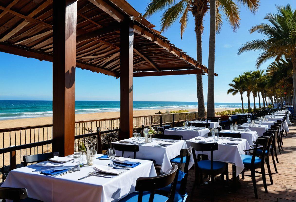 A beautiful coastal scene showcasing Bagnidelfino's finest seafood restaurant with a vibrant outdoor dining area overlooking the ocean. Fresh seafood dishes beautifully plated on wooden tables adorned with seashells and marine decor, while gentle waves lap at the shore under a bright blue sky. Include happy diners enjoying their meals, palm trees swaying softly in the breeze, and a sunset casting warm golden hues. super-realistic. vibrant colors.